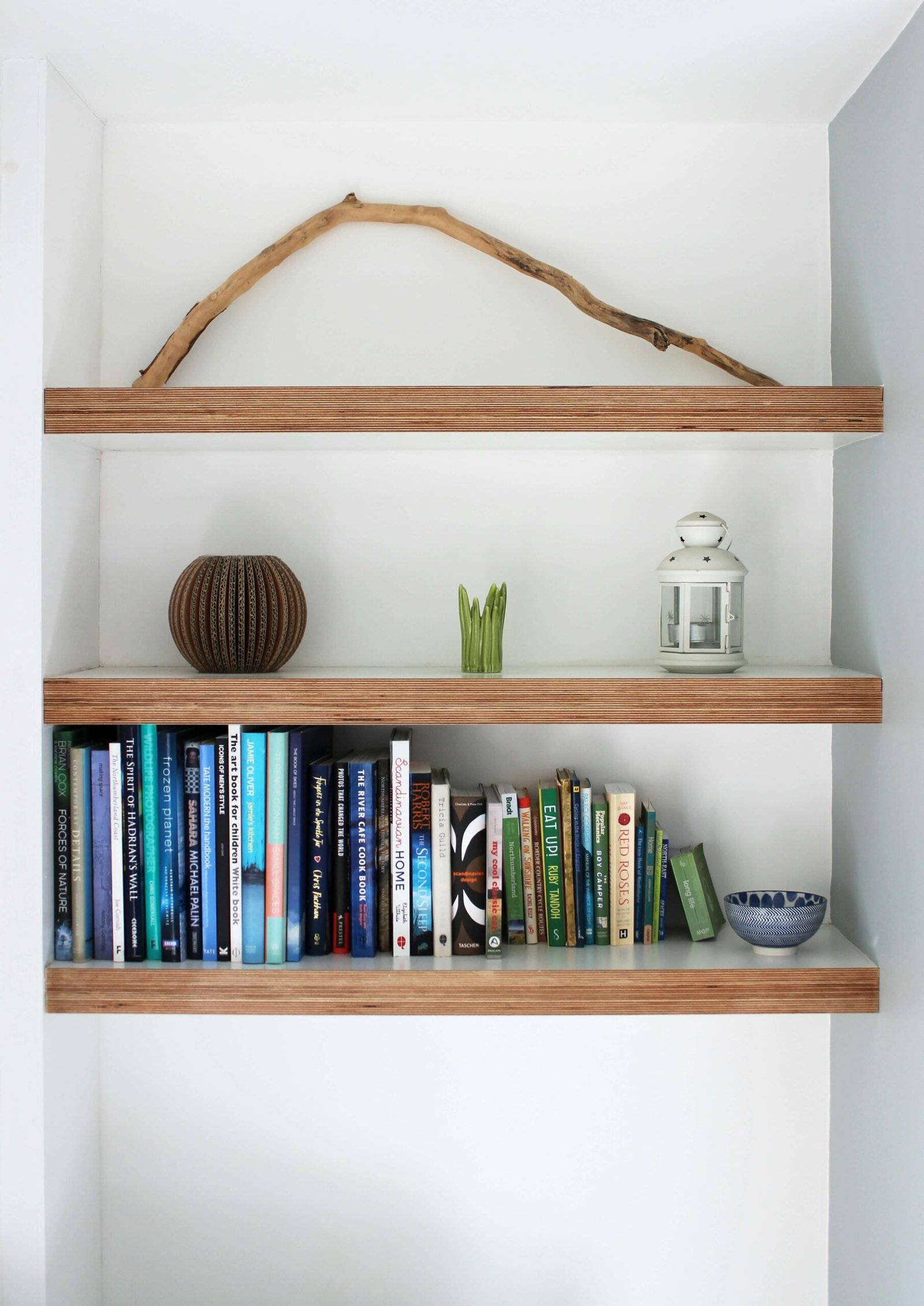 Wall shelf with books and decorative items arranged neatly for home organization.
