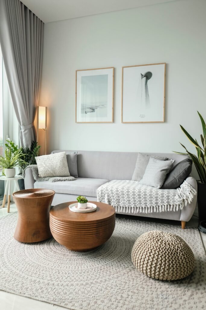 Cozy living room with handmade decor and warm lighting