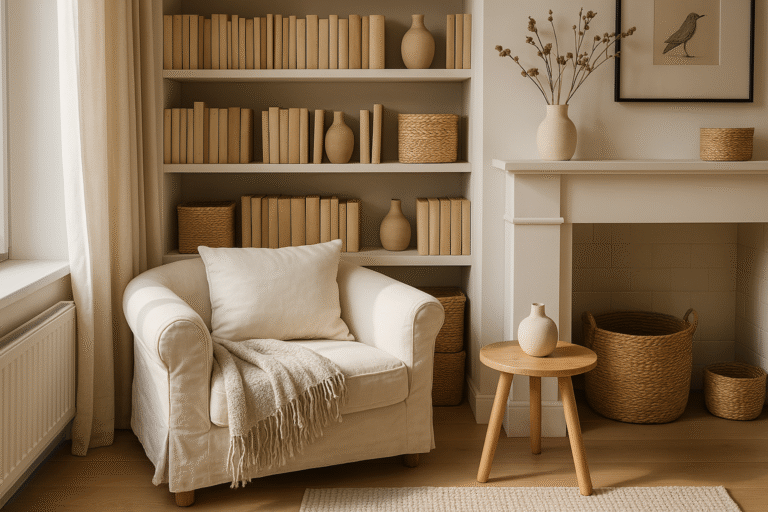 Cozy living room with armchair, bookshelves, and neutral decor — inspiring Home Storage Hacks for a warm and organized space