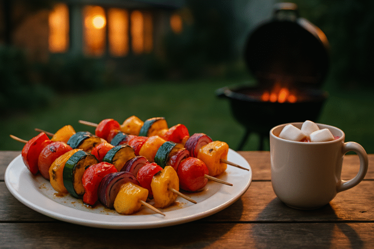 Grilled vegetable skewers with bell peppers, zucchini, cherry tomatoes, and red onion served with hot chocolate — a perfect cozy summer recipes for backyard evenings.