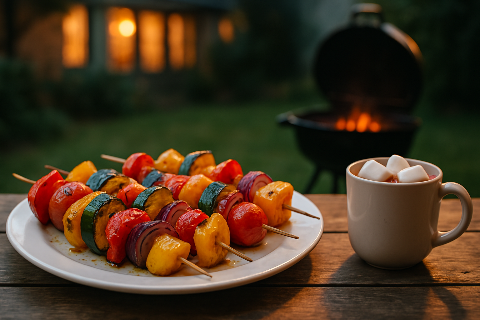 Grilled vegetable skewers with bell peppers, zucchini, cherry tomatoes, and red onion served with hot chocolate — a perfect cozy summer recipes for backyard evenings.