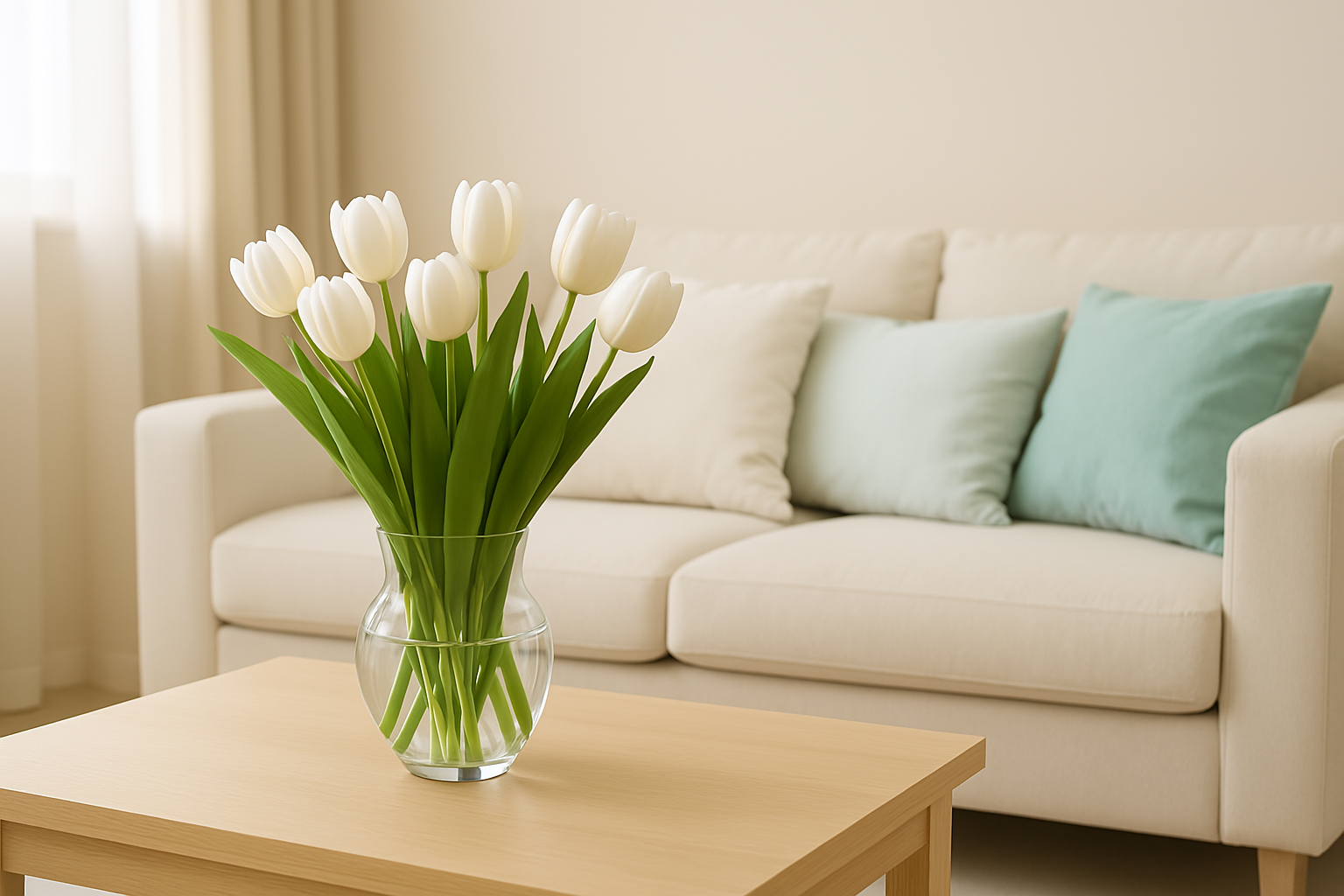 Spring home decor with white tulips and airy pastel tones