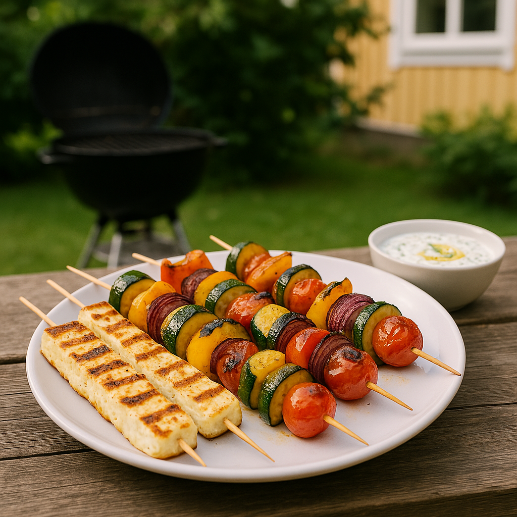 Cozy summer recipes featuring grilled veggie and halloumi skewers with creamy yogurt dill sauce — perfect for an outdoor BBQ night.