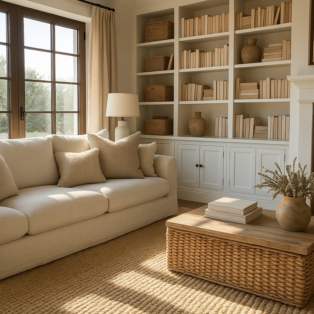 Bright living room with wicker coffee table and built-in shelving — stylish Home Storage Hacks to define functional zones