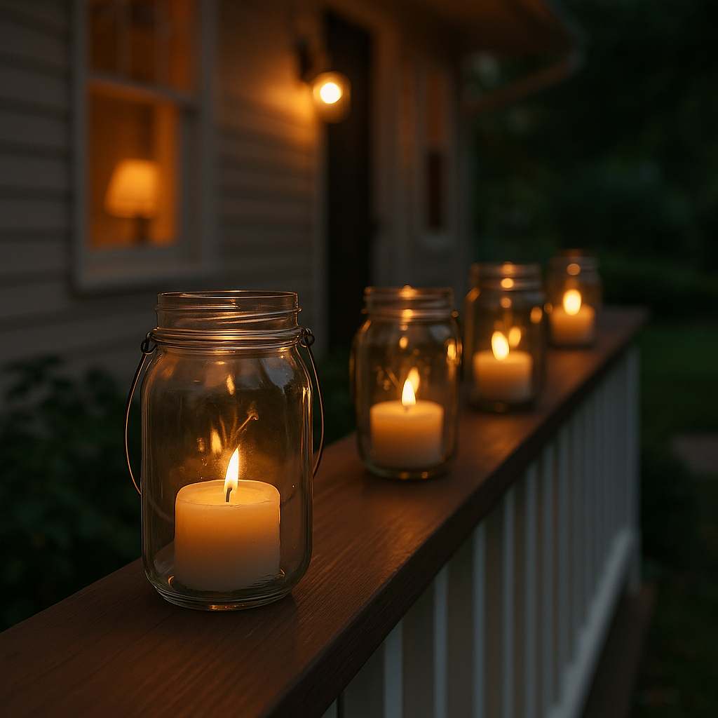 Jar candle lantern DIY glowing along a porch railing at sunset, creating a cozy summer evening atmosphere.