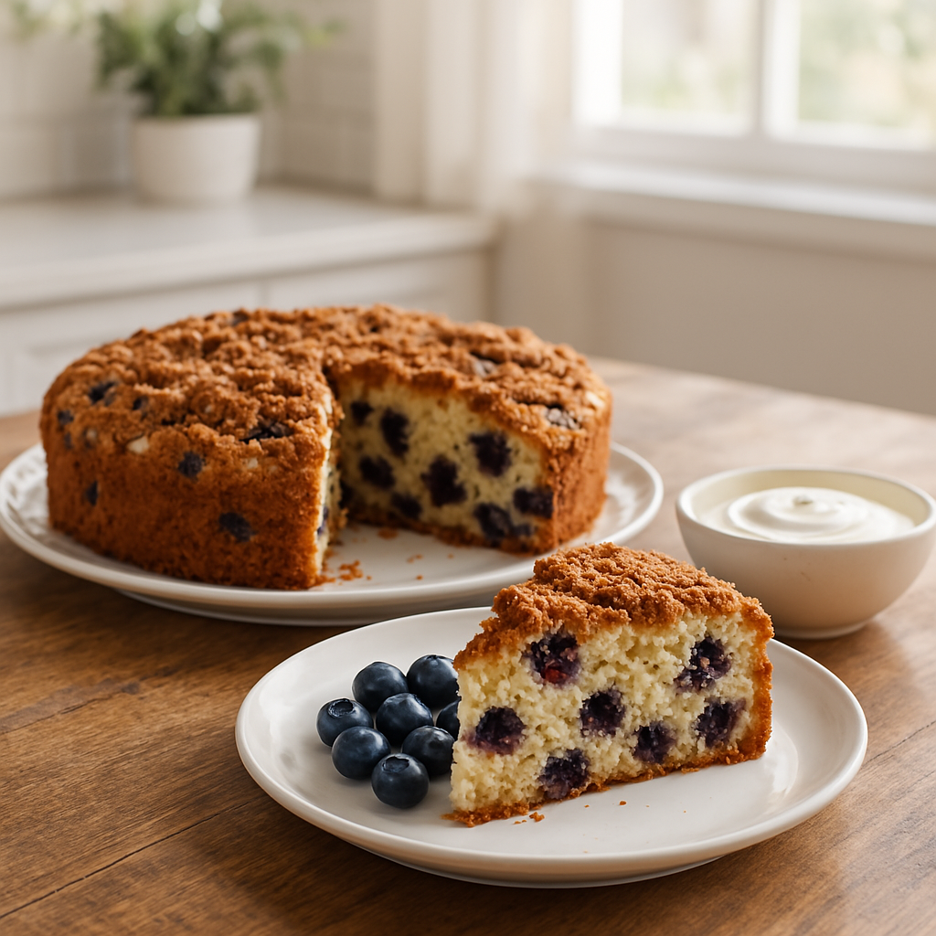 Blueberry coffee cake with yogurt — a cozy summer recipes served with fresh berries and a spoonful of Greek yogurt on a sunlit kitchen table.