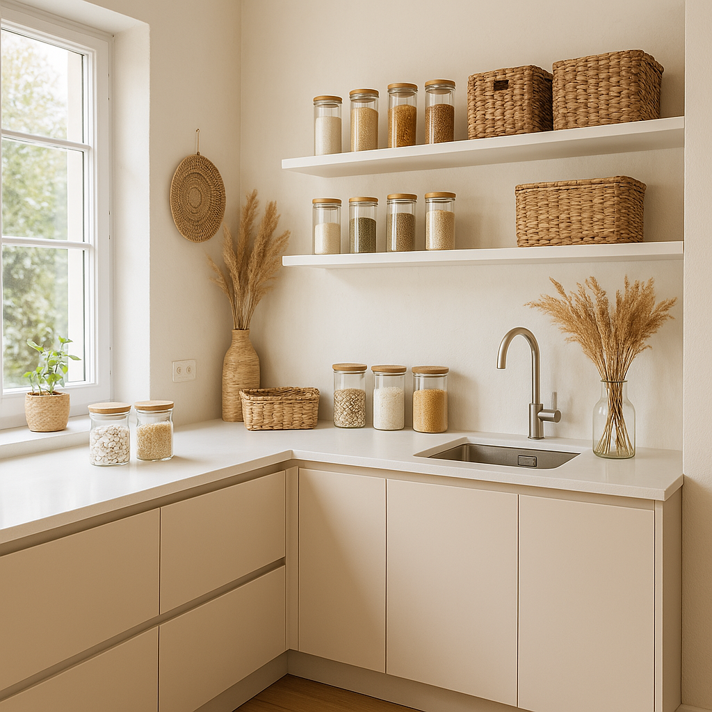 Minimalist kitchen corner with open wooden shelves and labeled jars — practical Home Storage Hacks for small kitchens