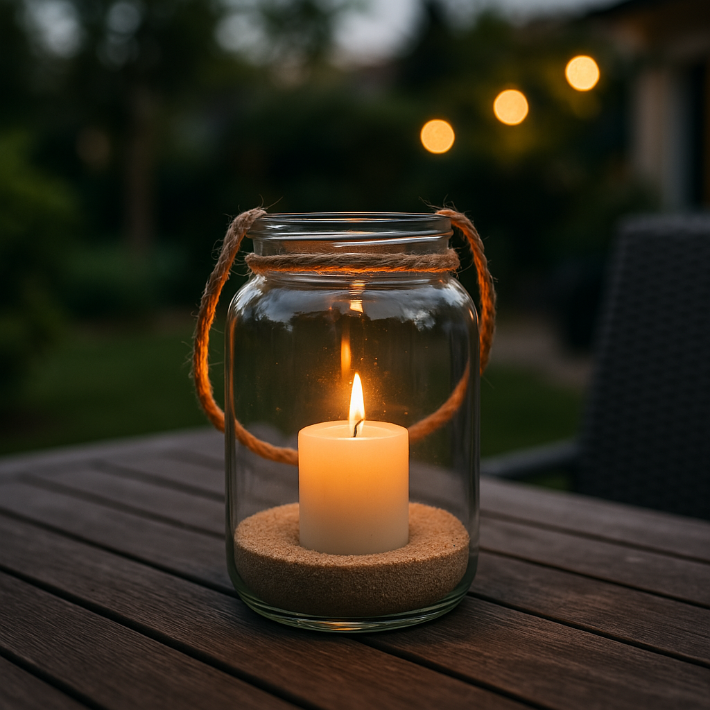 DIY jar candle lantern with sand base and jute hanger, glowing on a summer evening outdoor table.