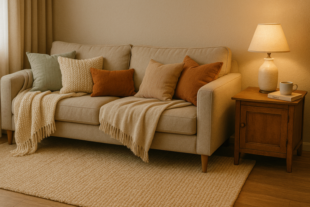cozy DIY home hacks, сouch with layered throws and mismatched pillows