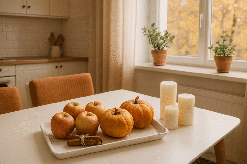 Fall seasonal home decor with pumpkins and warm colors