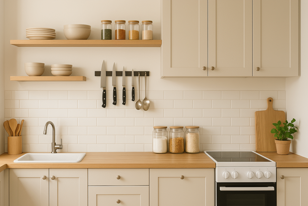 Organized white kitchen with open shelving and jars – clever kitchen home storage hacks