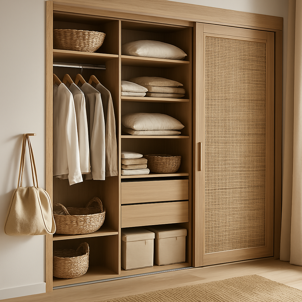 Neutral-toned closet with rattan baskets, hanging storage, and smart shelving — Home Storage Hacks to maximize bedroom space