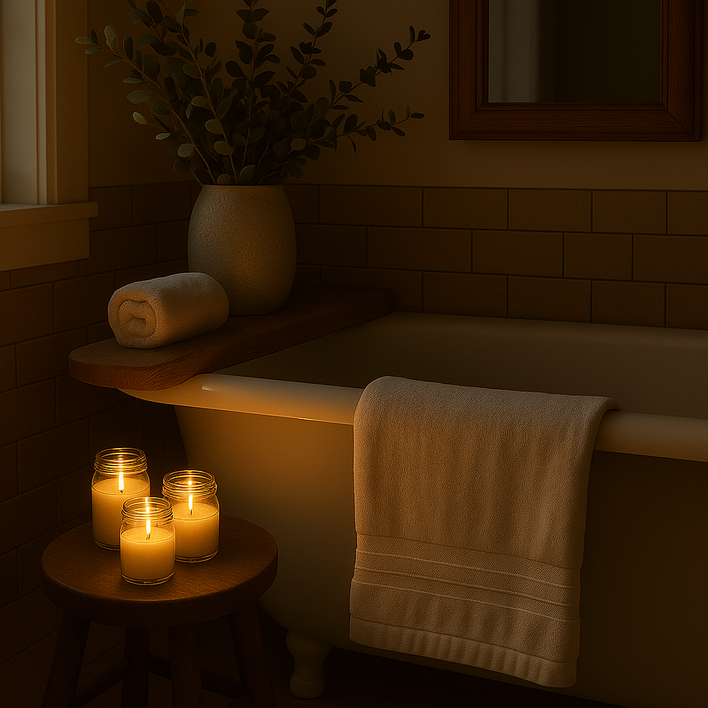 Three jar candle lanterns glowing on a wooden stool beside a bathtub, with a vase of eucalyptus nearby — a cozy DIY spa moment in soft evening light.