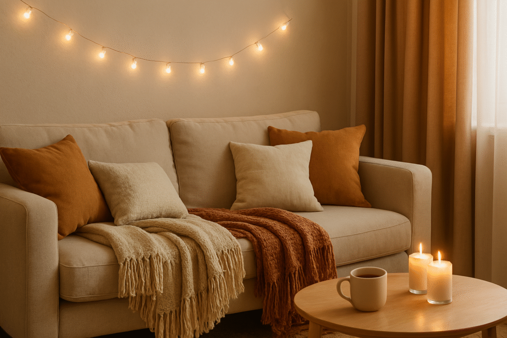 Winter living room glow with layered cozy seasonal accents
