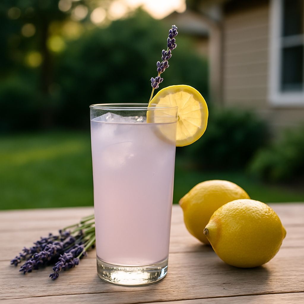 Refreshing lavender lemonade with lemon slice and a lavender sprig — a cozy summer recipe for relaxing evenings outdoors.