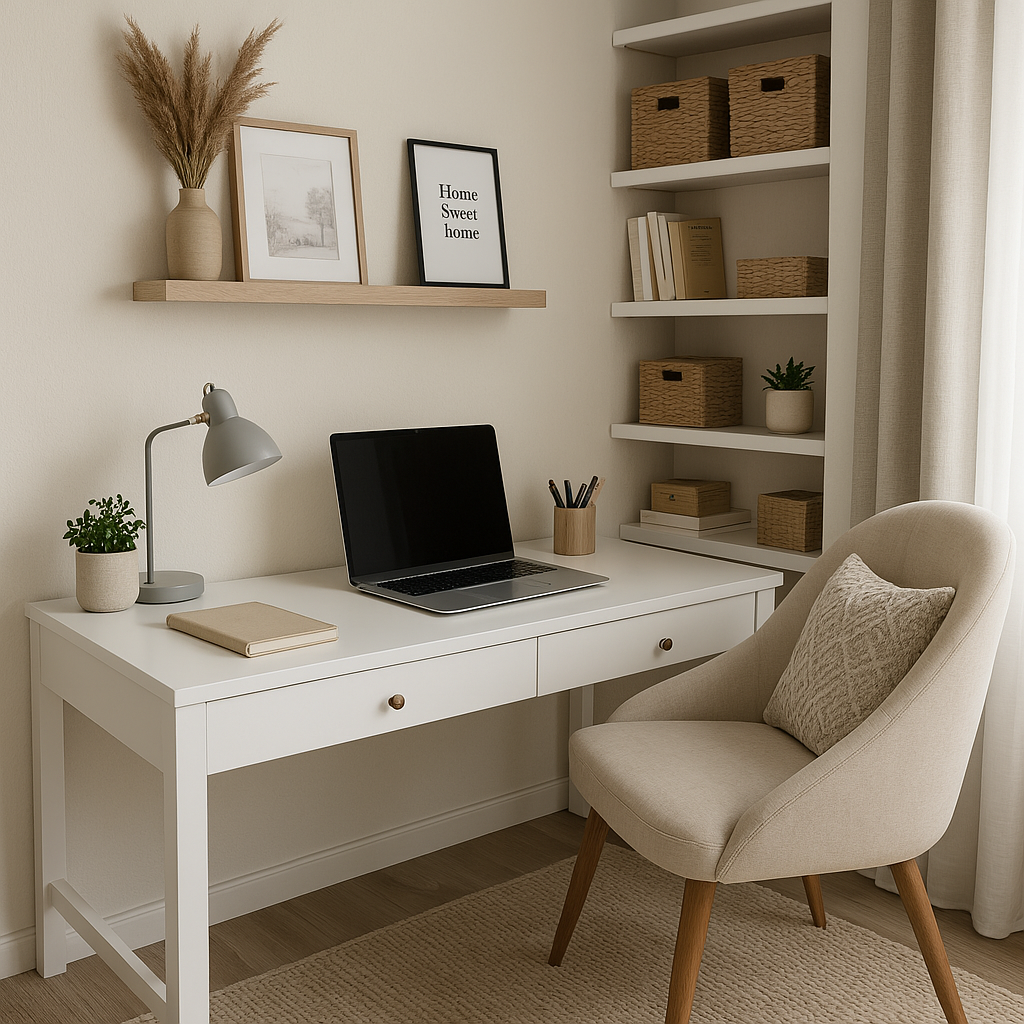 Scandi-style home office with white desk, floating shelves, and storage boxes — clever Home Storage Hacks for multitasking spaces