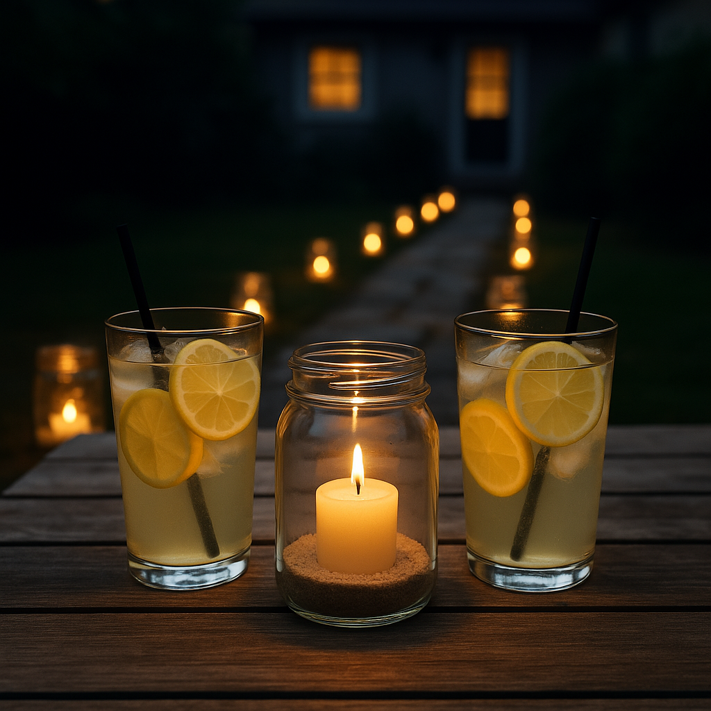 A glowing jar candle lantern DIY on a wooden outdoor table between two lemonade glasses at dusk, with more lanterns softly lighting a short garden path in the background.