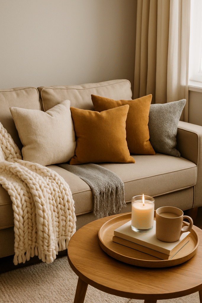 Candle on tray with books and a warm mug, cozy DIY home hacks