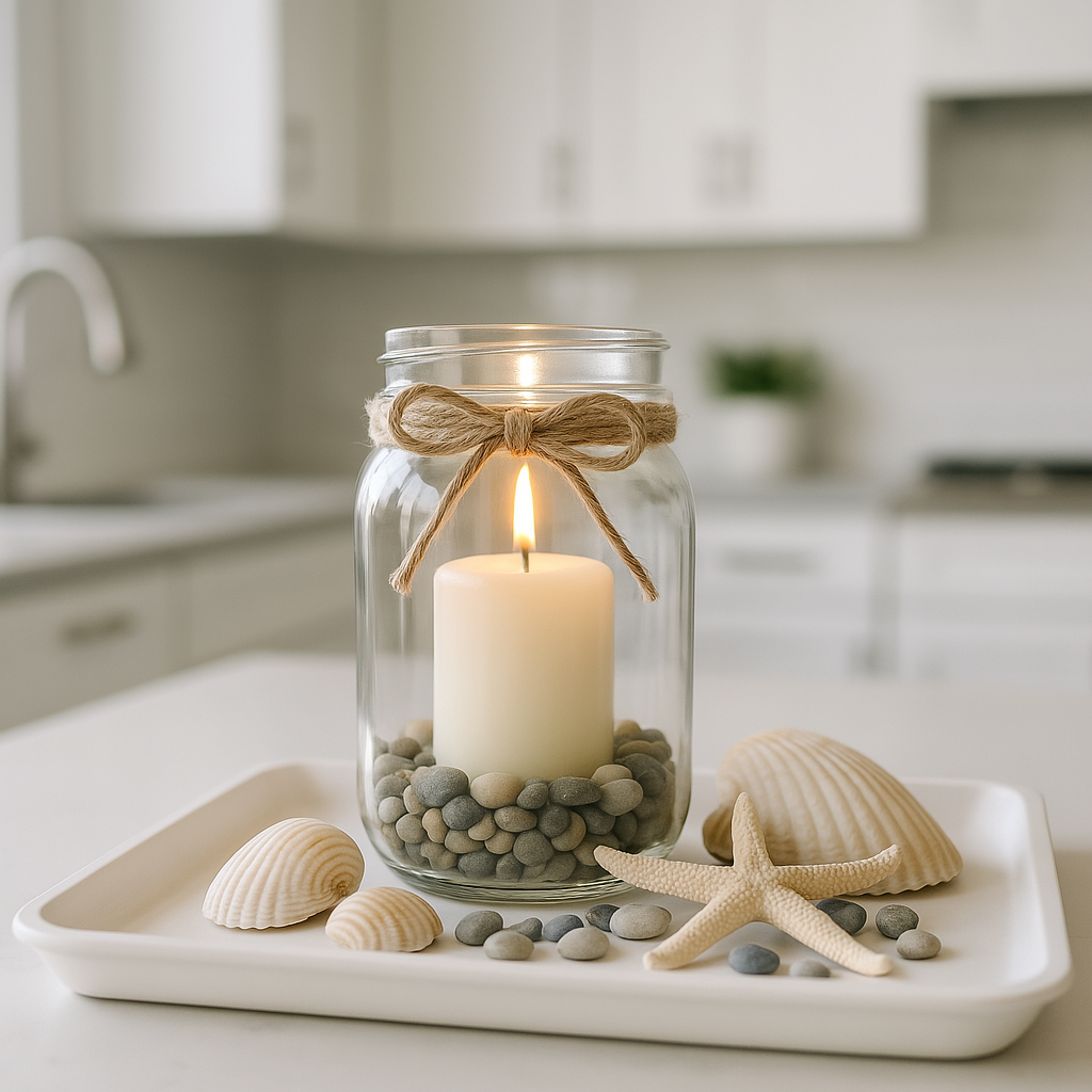 A small jar candle lantern DIY with pebbles and a jute bow on a white tray in a bright kitchen, styled with seashells, a starfish, and coastal stones for a fresh summer look.
