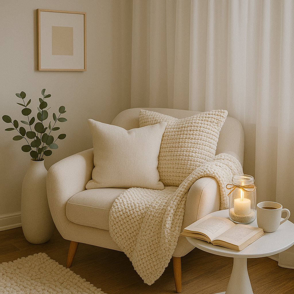 A cozy jar candle lantern DIY with sand and jute twine sits beside a coffee cup and book on a white table, next to a white chair and a vase of eucalyptus — a calm and inviting corner.