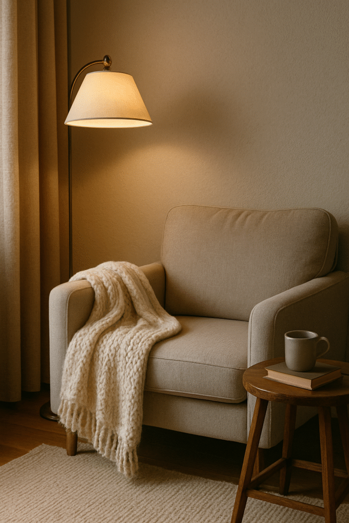 Chair with blanket, floor lamp, and books for a cozy nook, cozy DIY home hacks