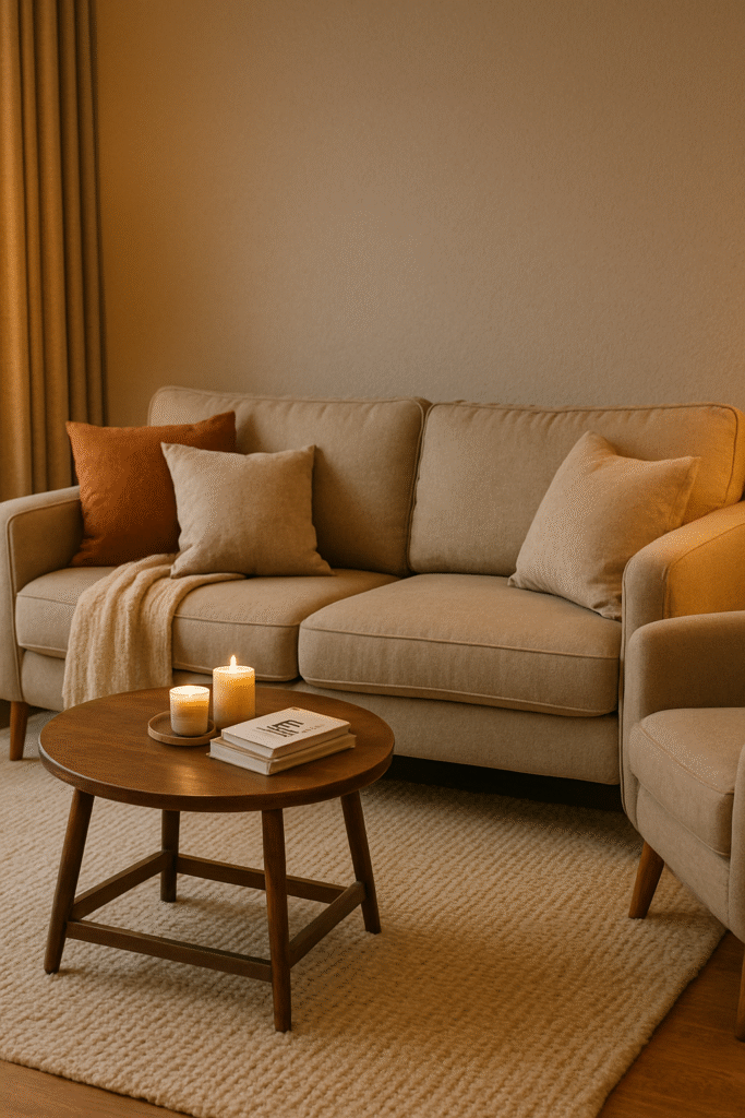 Layered area rug in cozy living room with neutral tones, cozy DIY home hacks