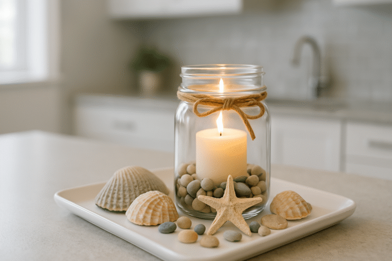 A cozy jar candle lantern DIY with pebbles and jute twine bow, styled on a white tray with seashells and a starfish in a bright summer kitchen — a calm and coastal-inspired decor idea.
