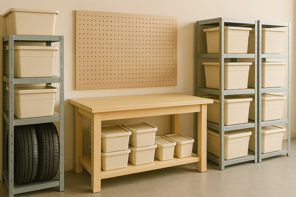 Well-organized garage with labeled bins and pegboard – innovative home storage hacks for utility areas