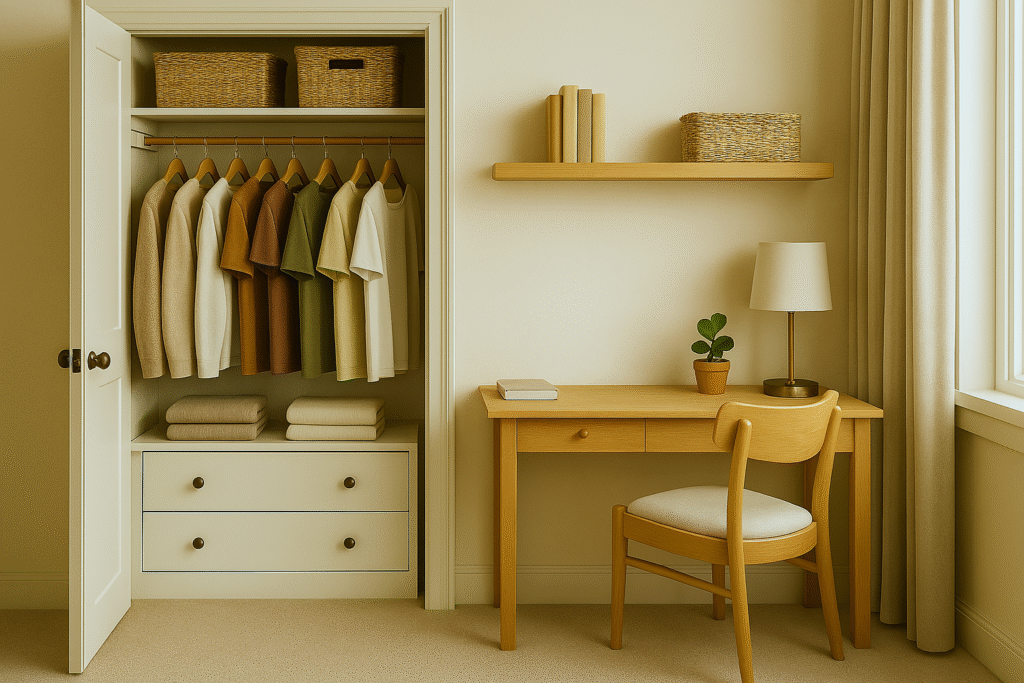 Minimalist bedroom with efficient closet storage – maximizing home storage hacks
