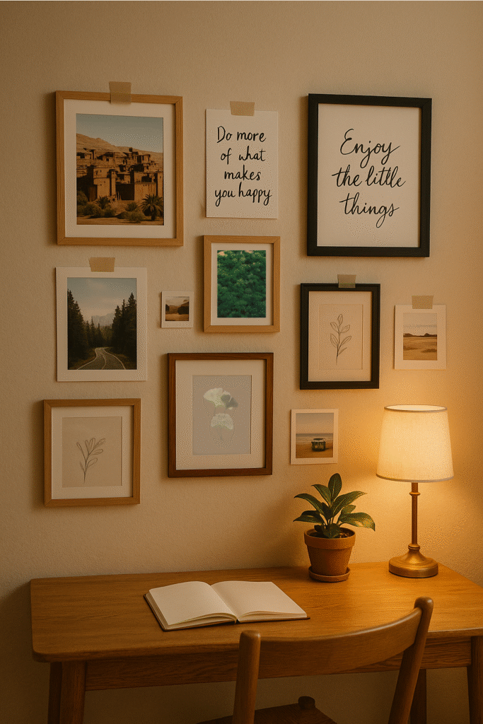 cozy DIY home hacks. gallery wall with photos and quotes above desk