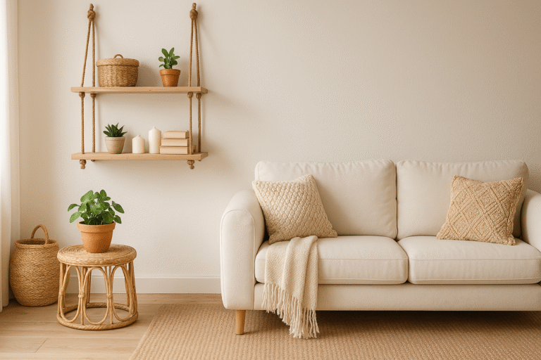 Chic handmade shelves hanging with rope on a white wall in a cozy room — diy rope shelf ideas for minimal home decor