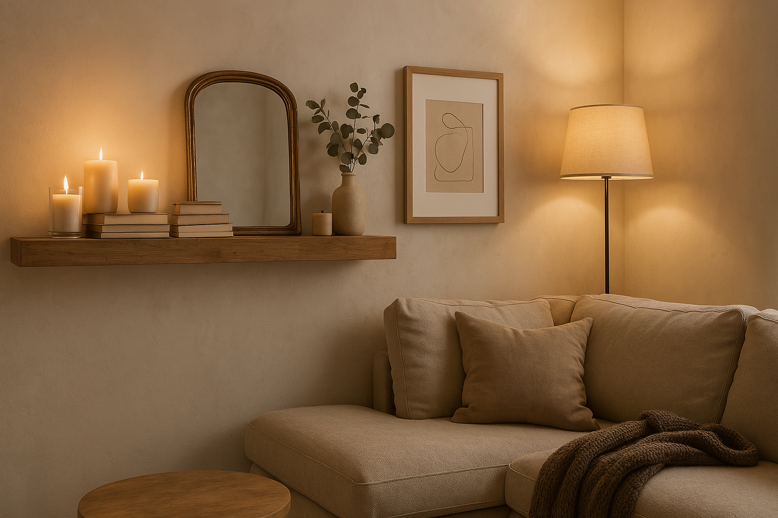 A cozy styled living room vignette showing how to decorate mantel without fireplace using candles, books, and natural textures.
