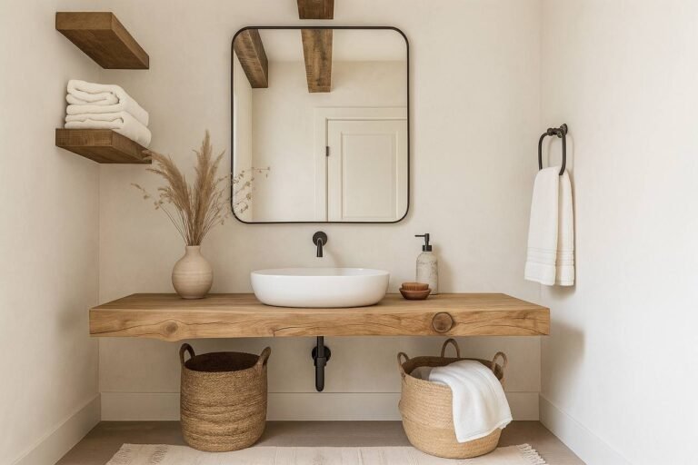 Small bathroom storage hacks featuring floating shelves and wicker containers for a cozy and organized small bathroom space.