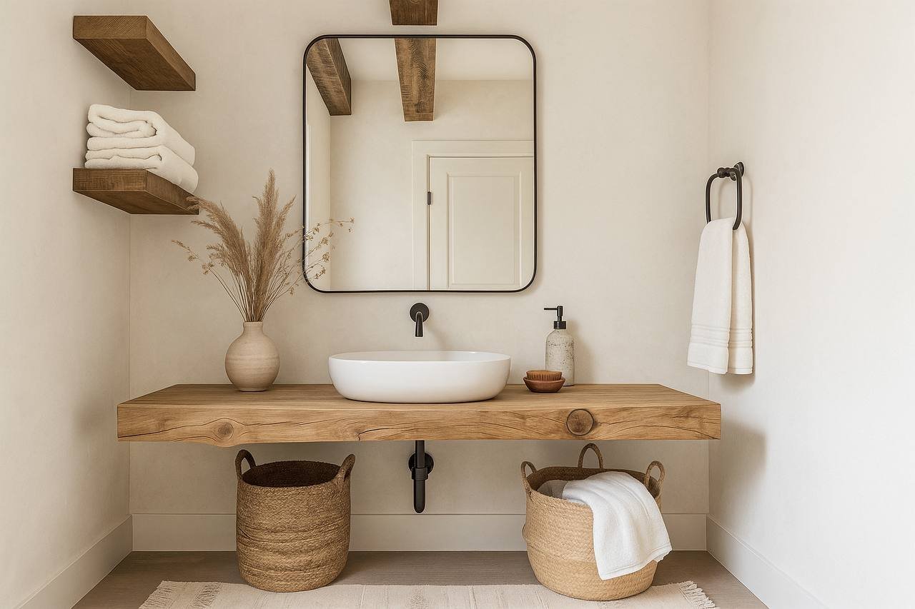 Small bathroom storage hacks featuring floating shelves and wicker containers for a cozy and organized small bathroom space.